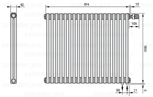Схема (чертеж) Радиатор Zehnder Charleston 2180/19 №V002 Белый глянцевый RAL 9016